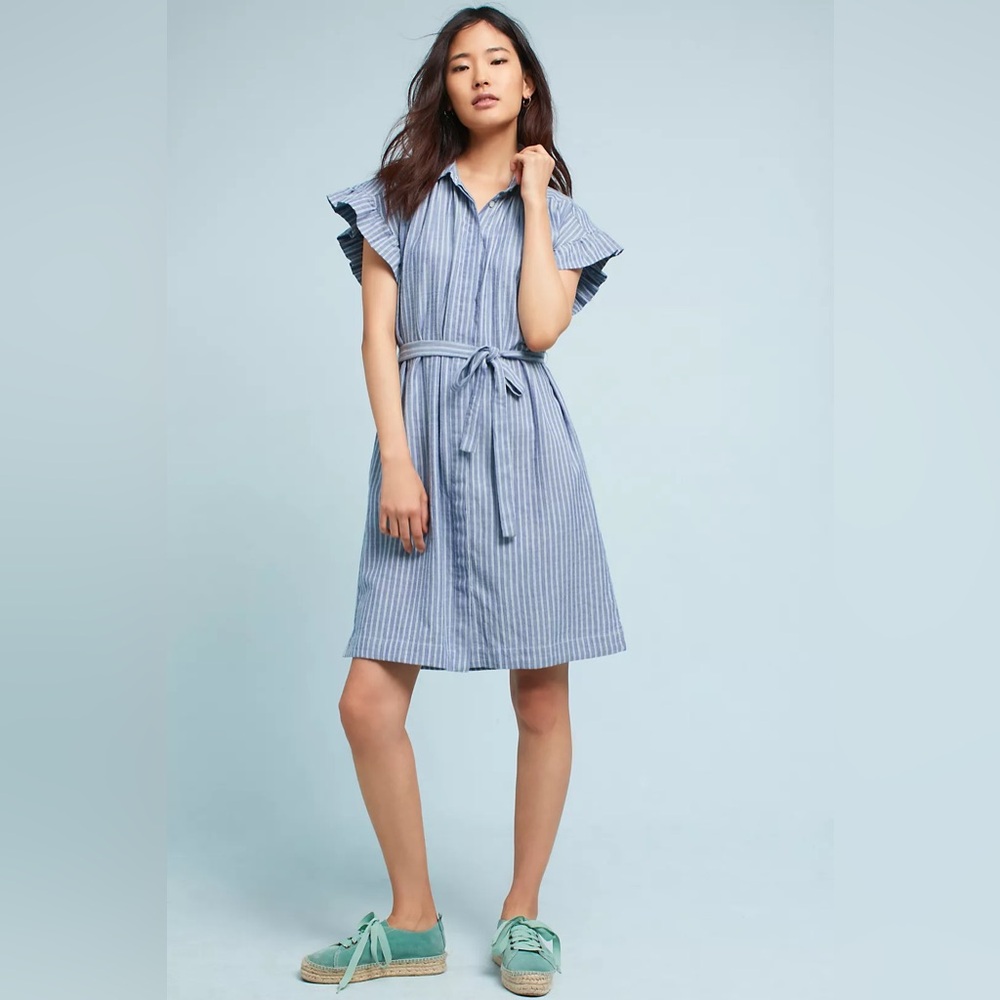 ISABELLA SINCLAIR ANTHROPOLOGIE XS  Piper Flutter-Sleeve Shirtdress Blue Striped